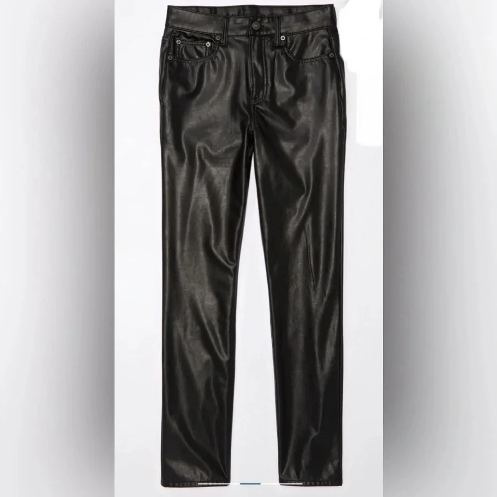 Sz US 10 short AE stretch vegan leather super high waisted straight pant black - Picture 3 of 10